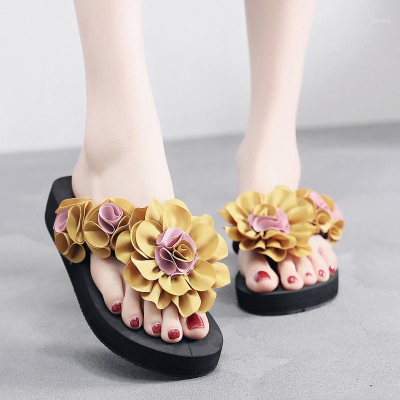 

Summer Non-slip Women Flip Flops Fashion Outdoor Shoes Sweet Flower 3cm Wedge Slippers Ladies Beach Holiday Beach Slippers 35-411, Blue