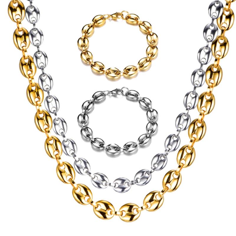 

11mm Coffee Beans Chains Bracelets Stainless Steel Necklaces for Men Women Hiphop Statement Charm Jewelry Gifts