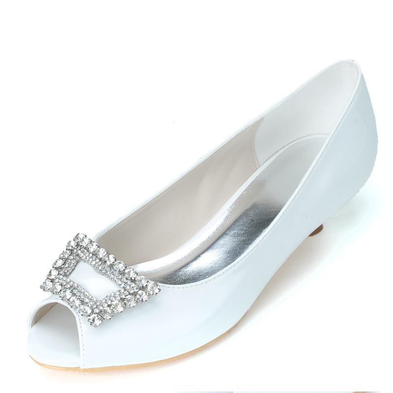 

Low Heels PU Leather Crystals Wedding Shoes for Bride Peep Toe Slip on Formal Party Dress Women Pumps, White