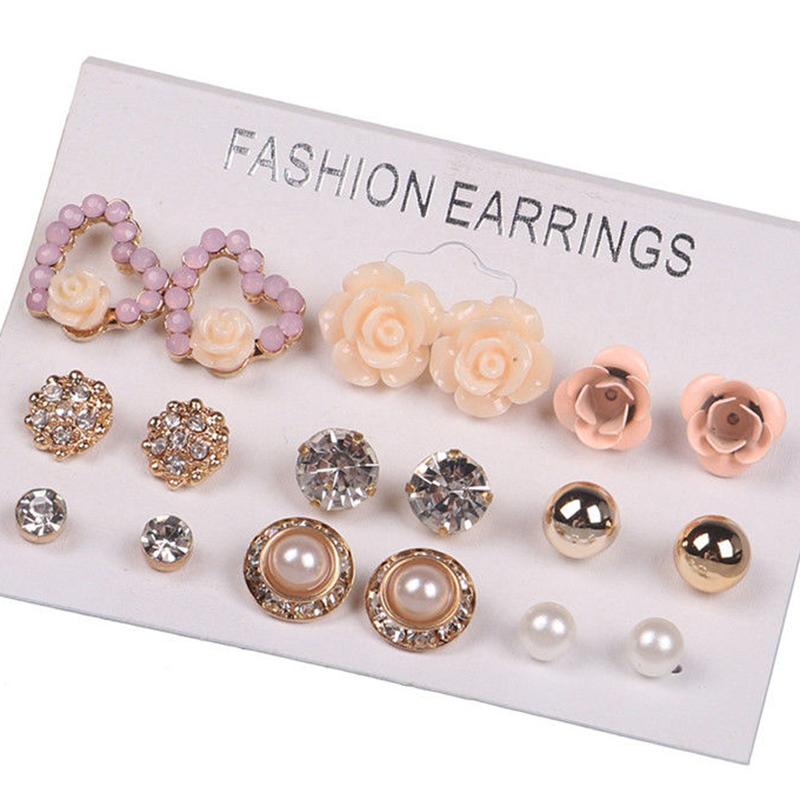 

9 Pairs Women Stud Earrings Set Pearl Flower Elegant Cubic Zirconia Water Drop Crystal Gemstones Ear Studs Jewelry 5/9/12 Pairs