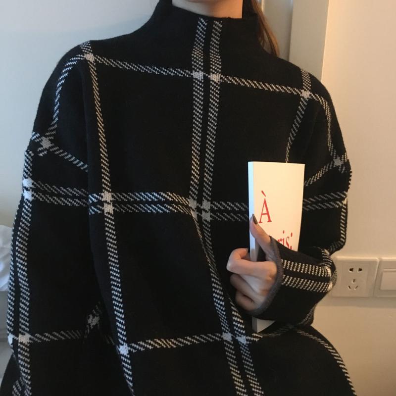 

TripleLeaf Winter New Ladies Pullover Sweater Fashion Plaid High Neck Loose Knit Full Sleeve Casual Top, Black
