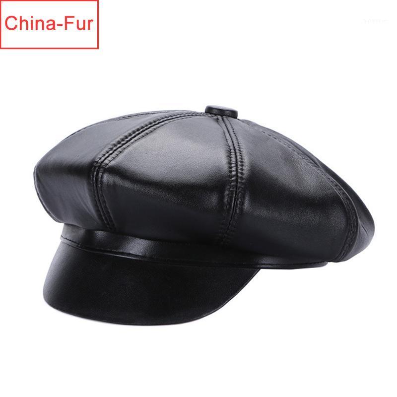

2020 New Women Real Leather Berets Cap Lady Fashion Brand Octagonal Hat Autumn Winter Warm Real Sheepskin Leather Berets Caps1, Black 2