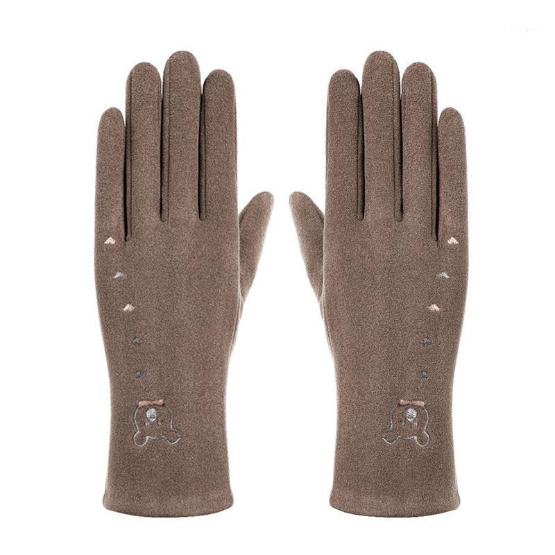 

Five Fingers Gloves Winter Warm Full Finger Mittens Faux Fur Touch Screen Women Embroidery Bear Elegant Ladies1