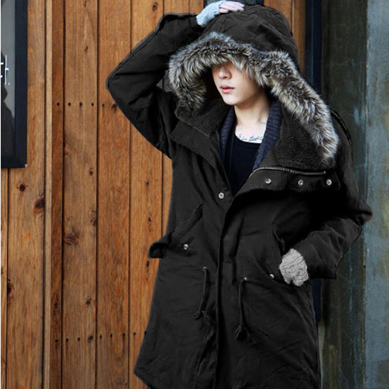 

Man Solid Long Hooded Trench Coat 2021 Men Winter Warm Slim Trench Jackets Man Korean Style Slim Outerwear Coat with Fur Collar, Black