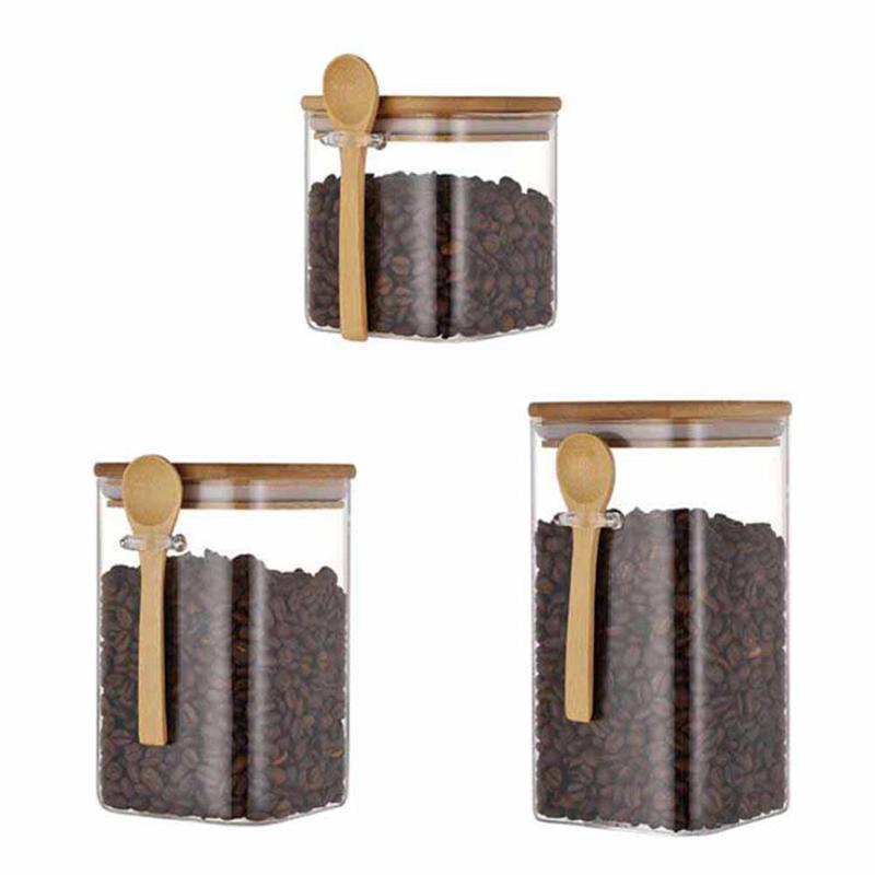 

3 Pcs Square Glass Jar with Spoon, Kitchen Storage Bottles Jars Container Grains Coffee Beans Grains Jar