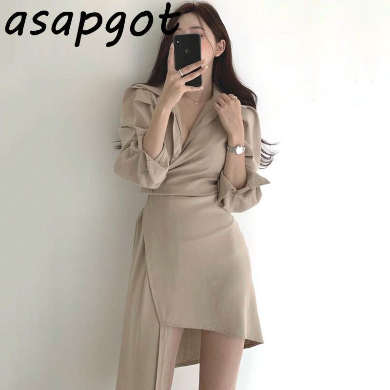 

Casual Dresses Korean Chic Gentle Lapel Shirts Dress Single Breasted Thin Waist Mid-length Irregular Women Solid Vintage Wild, Black;gray