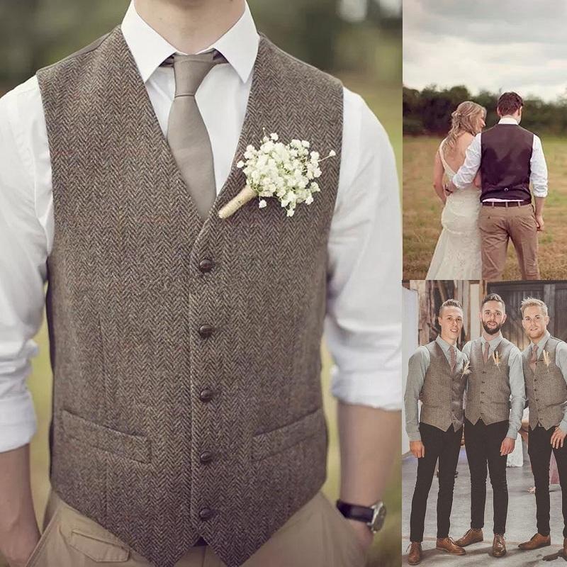 

Farm Wedding Brown Herringbone Wool Tweed Single Breasted One Piece Men Waistcoat Custom Made Groom's Suit Slim Fit Male Vests, As image