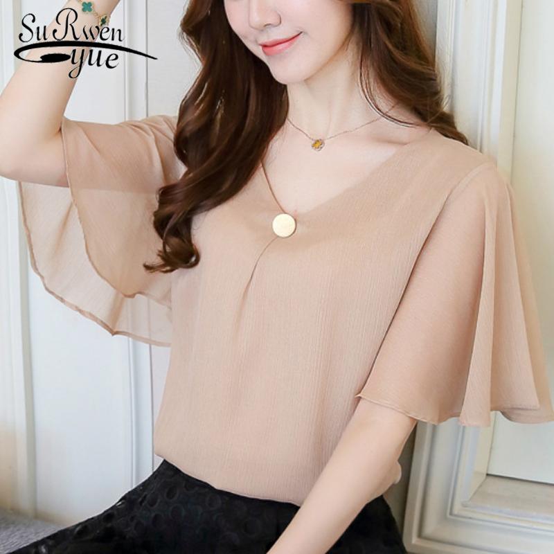 

Blusas 2020 Fashion Plus Size Women Tops and Blouses V-neck Chiffon Blouse Short Sleeve Women's Clothing Chic Solid Shirts D644, Champagne