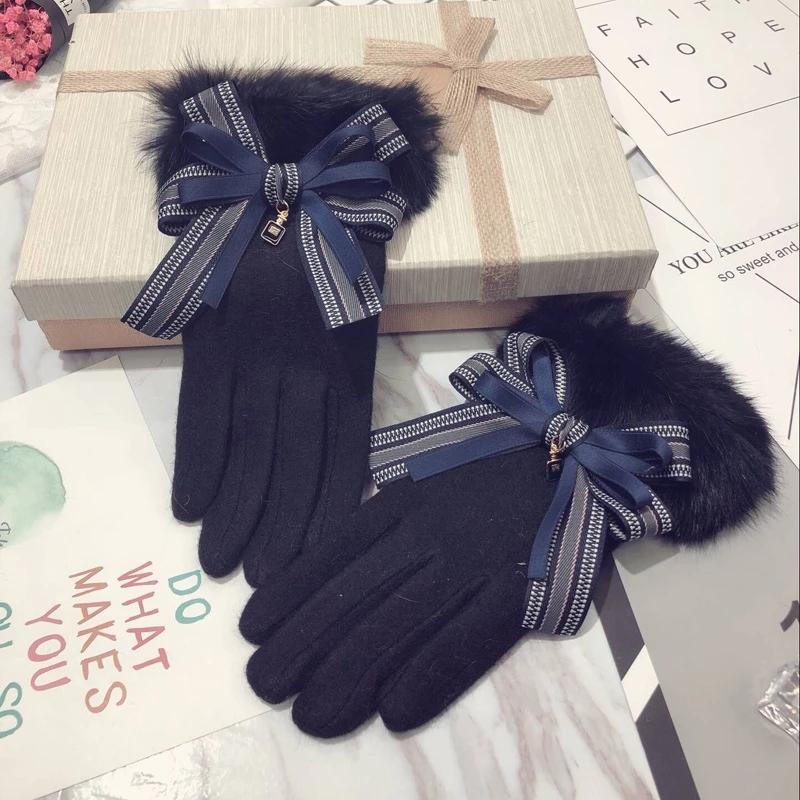 

Cashmere wool gloves ladies winter fur cute students plus velvet thick warm touch screen driving gloves