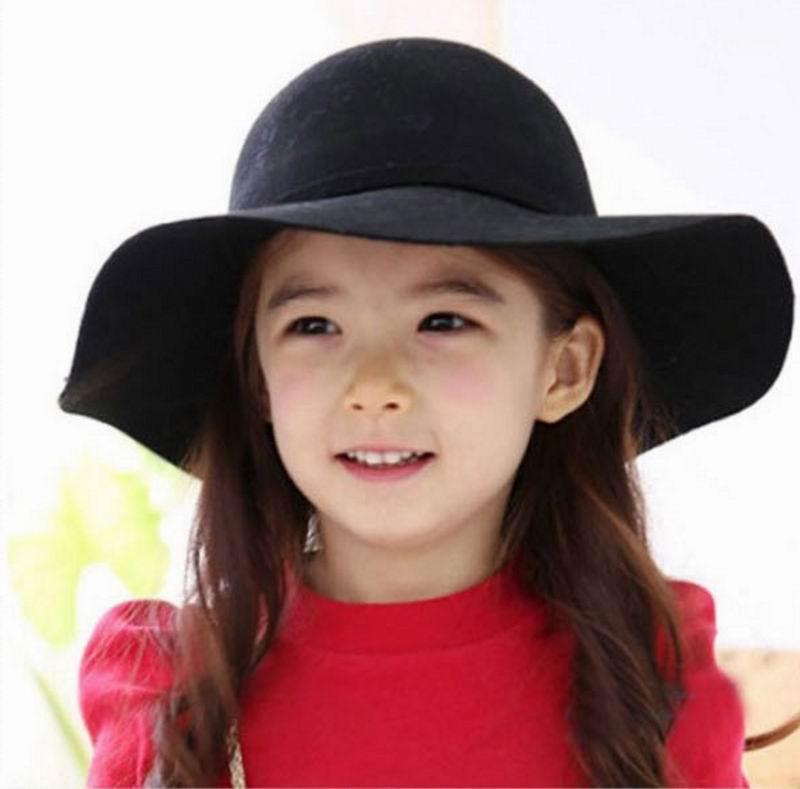 

Retail Girl Princess Sunhats England Style Woolen Formal Hat Mother And Daughter Solid Color Holiday Hats Accessories 3-8T E33011, Black