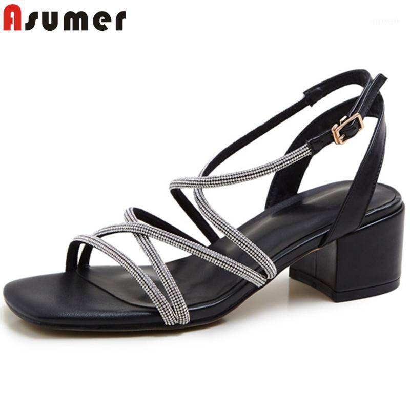 

ASUMER 2020 newest fashion casual shoes women sandals crystal buckle square heel simple comfortable summer shoes ladies1, Black