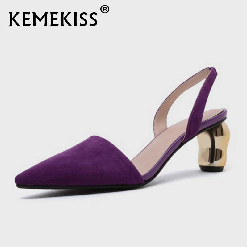 

KemeKiss Women High Heel Sandals Real Leather Strange Heel Women Shoes Fashion Cool Party Shoes Footwear Size 34-39, Purple