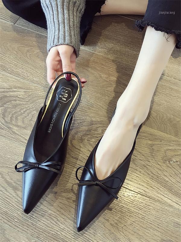 

Brand sexy Women Mules Shoes 2020 Spring Autumn pointed mid-heels pumps bow pointed toe slingback Shoes tacones mujer1, Black