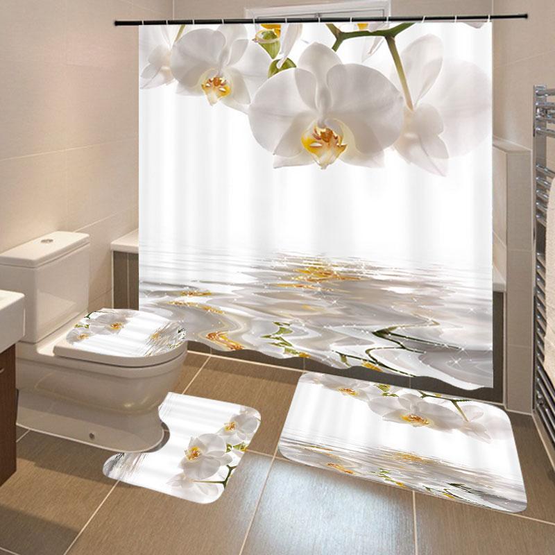 

4pcs/set White Flower Printing Shower Curtains Bathroom Toilet Cover Bath Mat Set Waterproof Polyester Shower Curtain 12pcs Hook