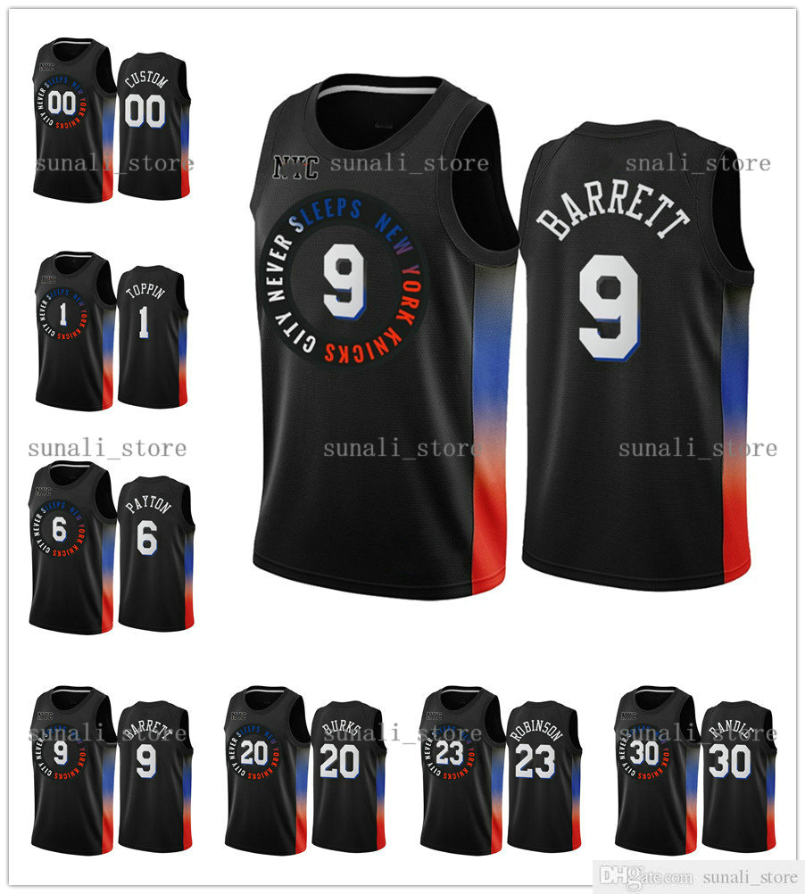 

2020-21 New City Black Obi 1 Toppin Elfrid 6 Payton RJ 9 Barrett Julius 30 Randle Mitchell 23 Robinson Alec 20 Burks Jesreys Edition, Customize (tell me name and number)
