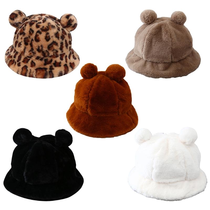 

Women Winter Fluffy Plush Warm Bucket Hat with Cute Pompom Bear Ears Female Casual Short Brim Travel Packable Fisherman Cap, White