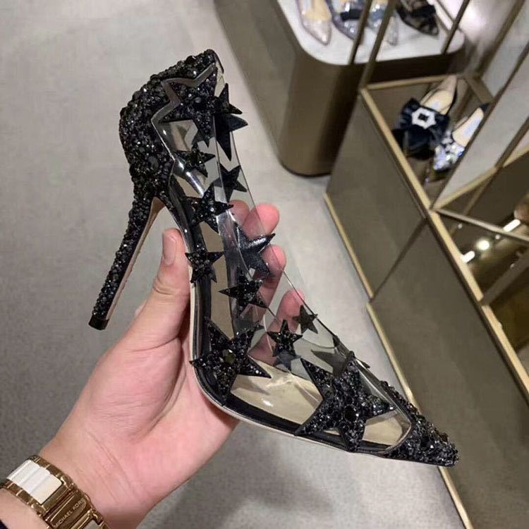 

Black Ladies Sexy Strass Pentagram Filled Clearly Because Crystal Bombs Thin Pointed Finger of Female Foot High Heels E50f, 9 cm