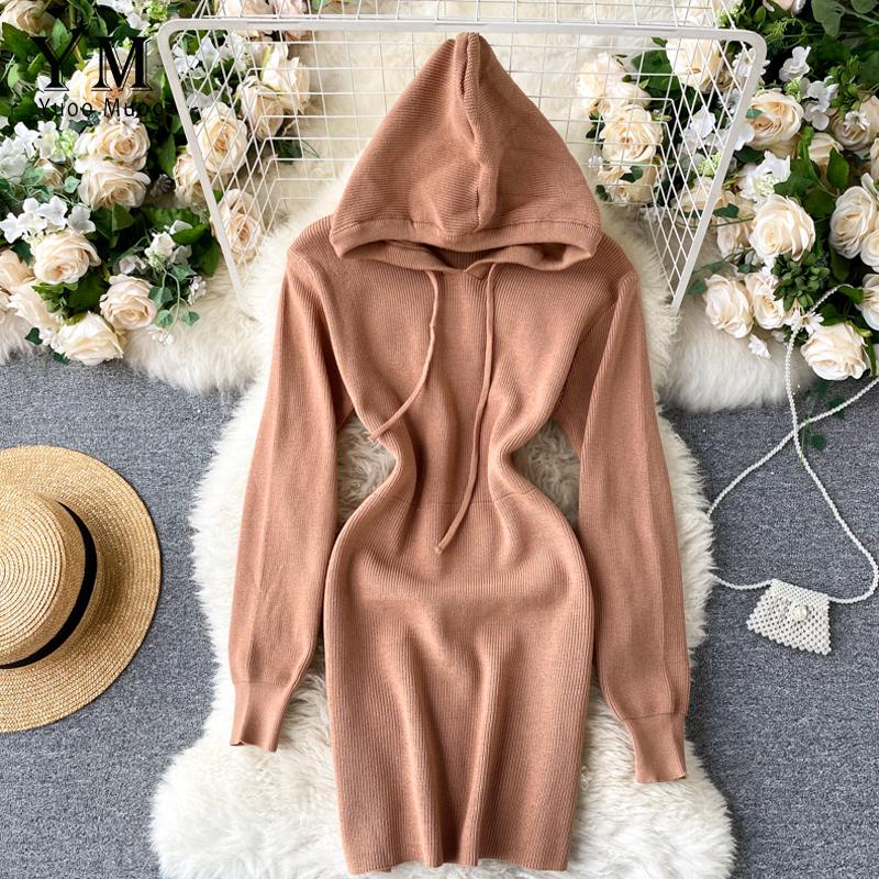 

YuooMuoo Ins Fashion Casual Hooded Sweater Dress Good Quality Comfy Stretch Slim Bodycon Women Autumn Winter Short Knitted Dress, Beige