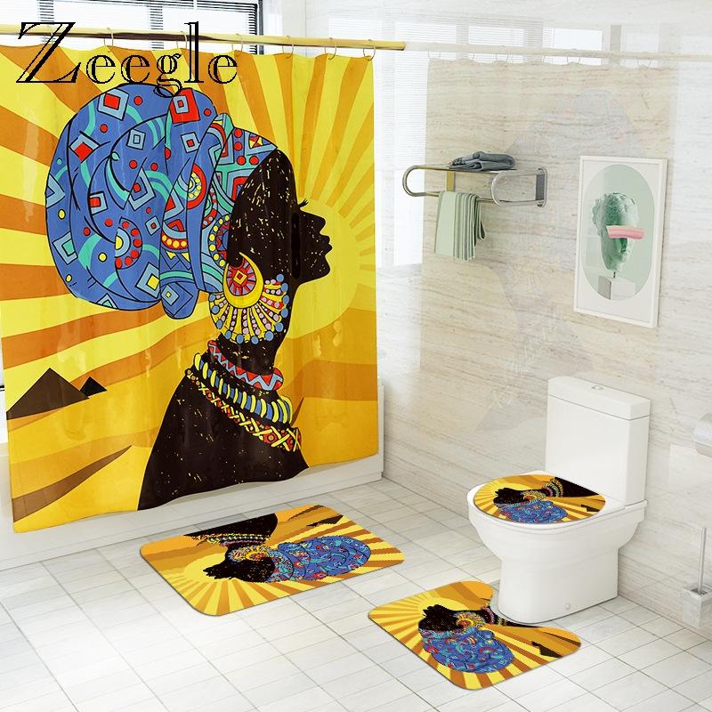 

African Woman Printed Bath Mat and Shower Curtain Set Household Non Slip Bathroom Rug Absorbent Bathroom Mat Shower Foot Carpet