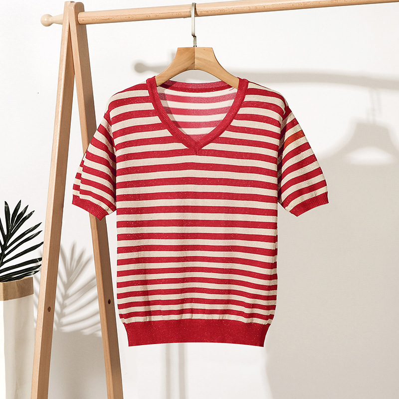 

2021 New Black White Striped Women Cotton Shirt Rib Casual Short Sleeves Top High Quality V-neck Female Bigsize t 2jqg, Blue