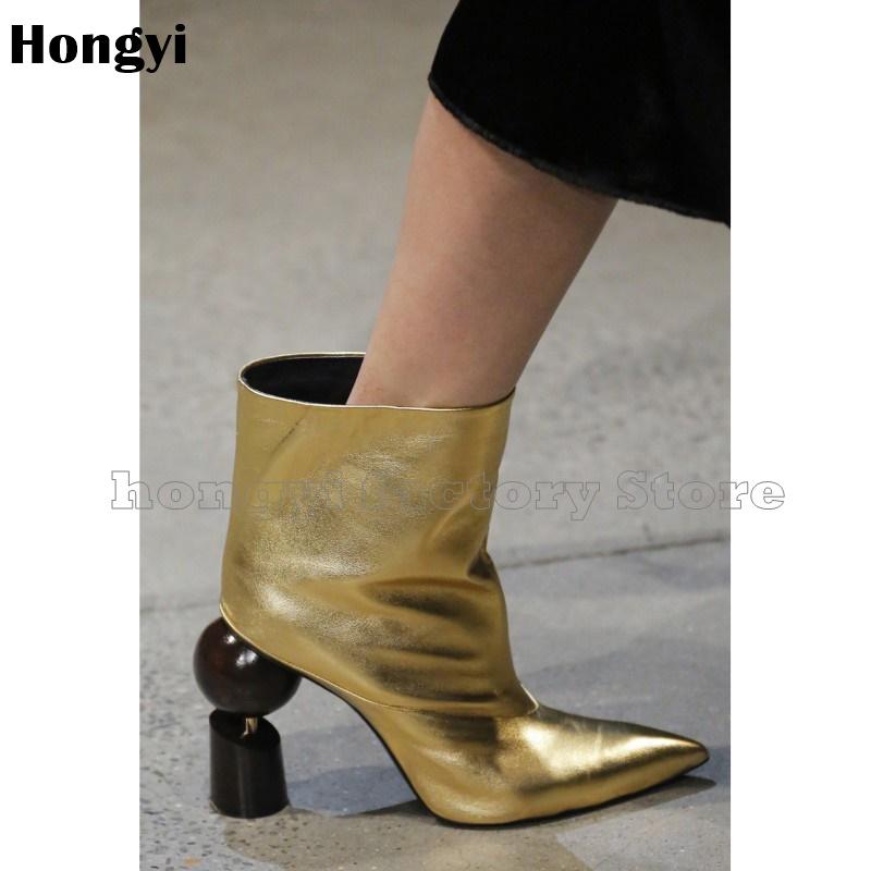 

Fashion Gold Silvery Leather Abnormal Strange Heeled European Style Pointed Toe Ankle Boots Women Gladiator Short Booty, As showed color
