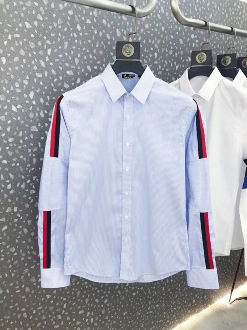 

Cotton Shirt with Blue Stripe Print Men's Slim Fit Striped Style Long-sleeved Shirt| 219109574 Njr8