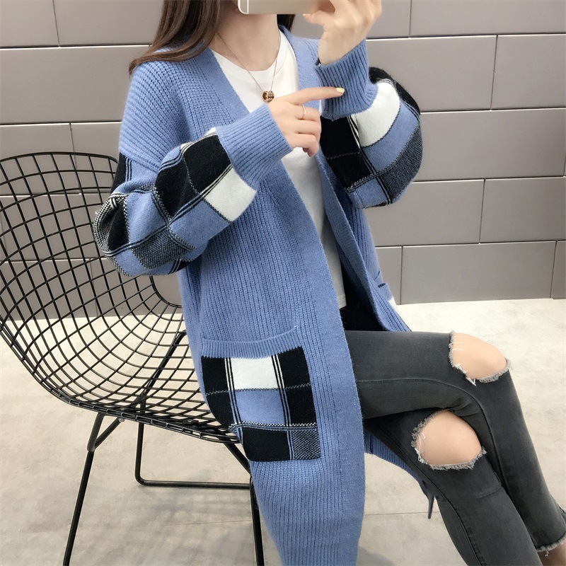 

2021 New female fashions spring and fall mid-length very fae mend temper cardigan sweater 1R20, Blue