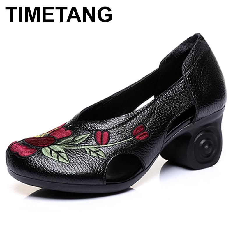 

TIMETANG Female National Wind Genuine Leather Embroidered Pumps 2020 Spring Women Vintage Floral High Heels Shoes Lady Zapatos, Black
