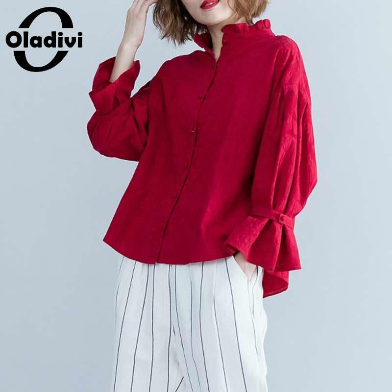 

Oladivi Plus Size Women Clothing Autumn New Shirts Fashion Ladies Work Wear Official Blouses Top Blusas Red White 4XL 3XL XXL
