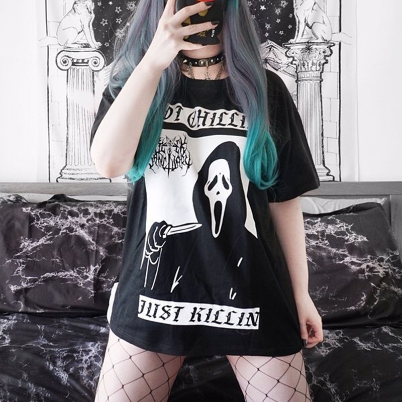 

Gothic Dark Punk Loose Black T-shirts Women T-shirt Funny Shock Printed Aesthetic Grunge Black Tee Satanic Goth Witch Shirts Y200109, White