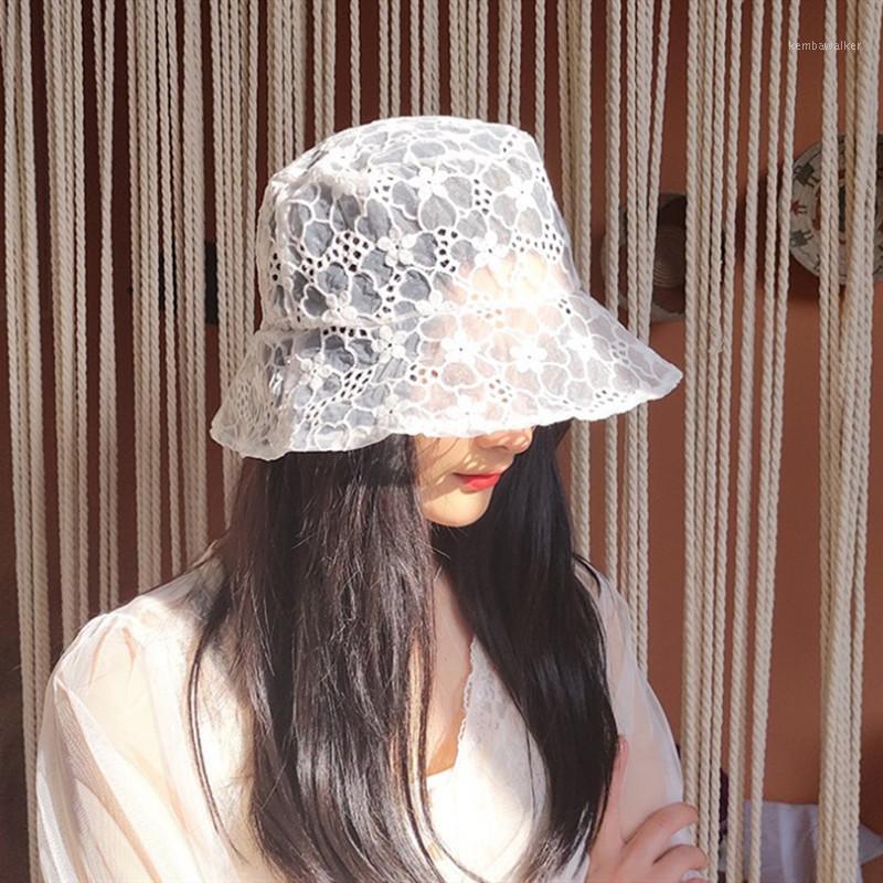 

Wide Brim Hats Mingli Tengda Versatile Flower Lace Embroidered Beach Hat Summer Thin Sun For Women Hollow Protection Fashion Cap1, White
