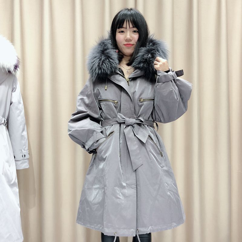 

Parka Jacket Women Shiny Silk Fabric Mink Lining Hooded Coat with Collar Belt of Long Raccoon Skin Outerwear Tuxy, Green.