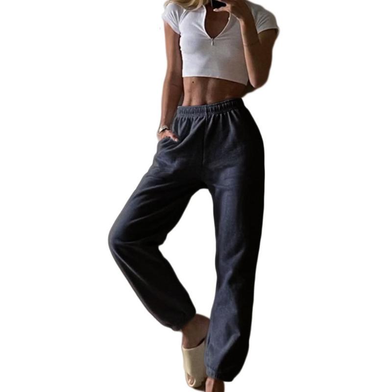 

Pure Color Women Running Pants Pockets Elastic High Waist Casual Baggy Long Jogging Trousers Fitness Basic Sportswear Female, Black