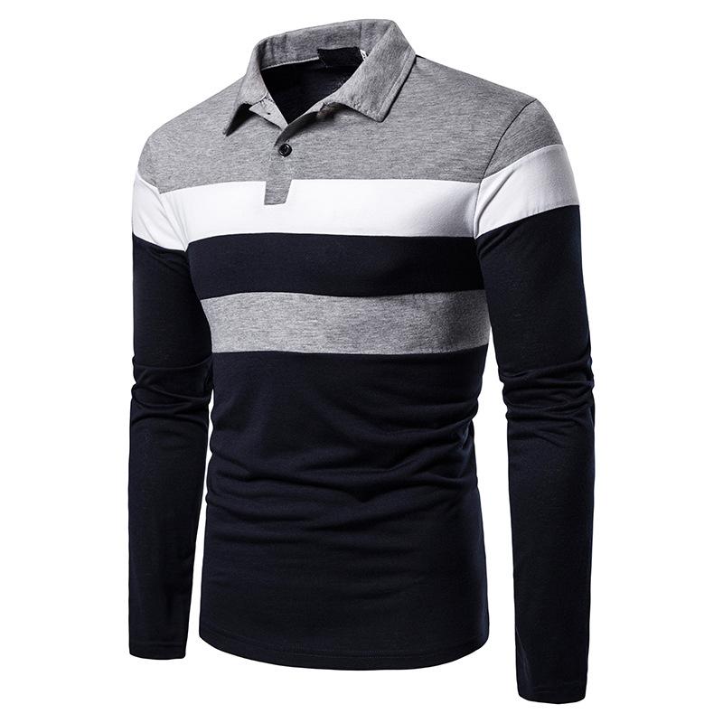 

New Fashion Polos Men Spring Autumn Slim Long Sleeve T Shirts Turn-Down Collar Casual Tops Male Patchwork Clothes, Gray blue 1084