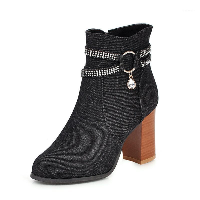 

Autumn Fashion Block 2020 Ankle Boots for Women Crystal Rhinestone High Heels Women's Blue Flock Black Shoes Booties JXX191