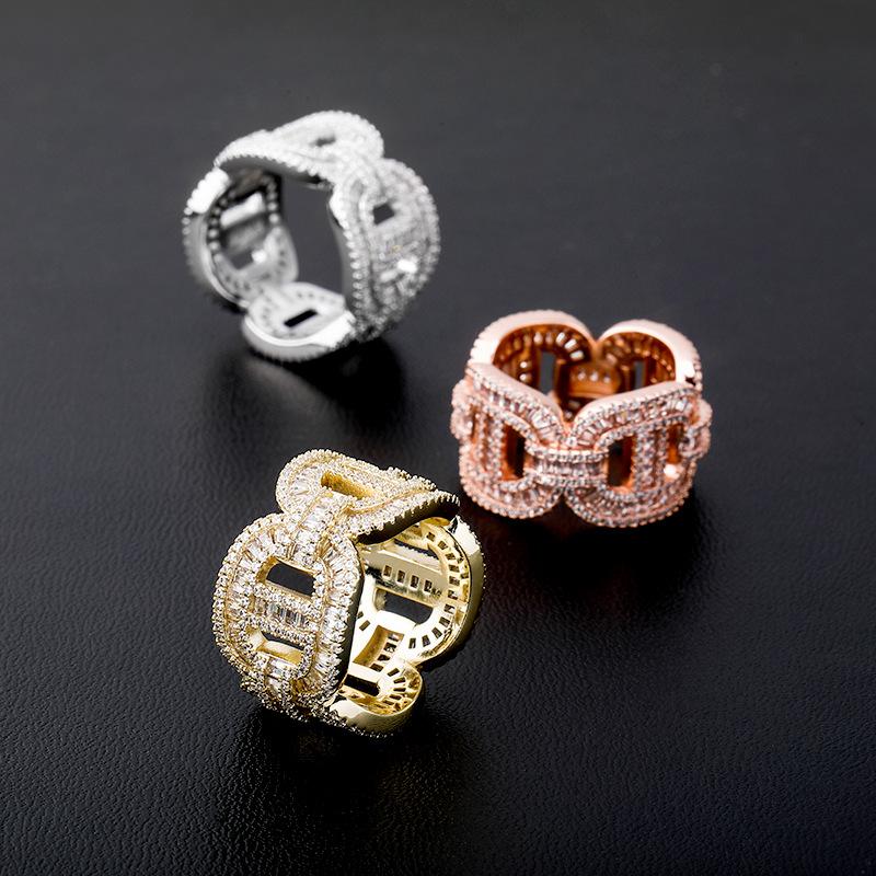 

Hiphop Mens Diamond Rings Iced Out Bling Cubic Zirconia Jewelry 18K Gold Plated Cuba Chain Ring Brand Design Hip Hop Jewellery, Silver
