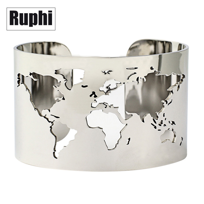 

World Map Cut-out Cuff Bangle Bracelet Travel Peace Jewelry Stainless Steel 40mm Wide Laser Engraving Fine Polished Circle Angle 201211