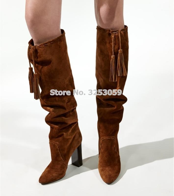 

ALMUDENA Women Chunky Heels Folded Fringe Knee Boots Thick High Heel Brown Suede Luxury Turn Over Tassel Long Boots Winter Shoes1, As picture
