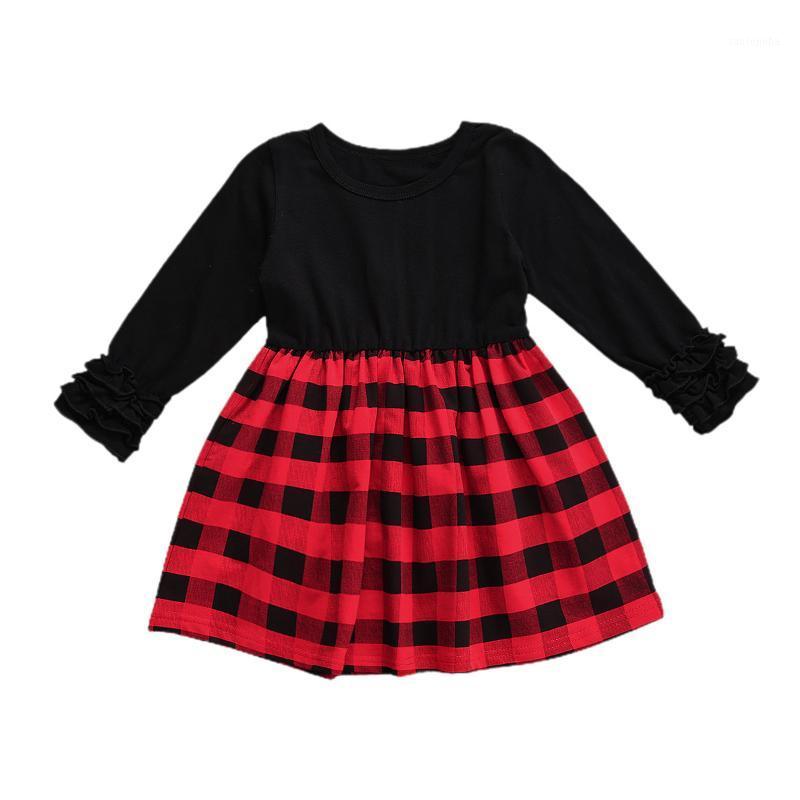 

Infant Kids Baby Girls Christmas Outfits Red Plaid Splicing O-Neck Long Pleated Sleeves Dress Toddlers Girls 6 Months to 4 Years1, As pic
