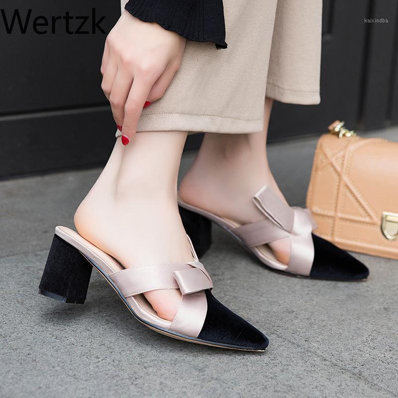 

Wertzk New Arrival 2020 bowknot Women Slippers pointed Toe High heels Slippers Ladies Fashion women Shoes zapatos mujer E5121, Black