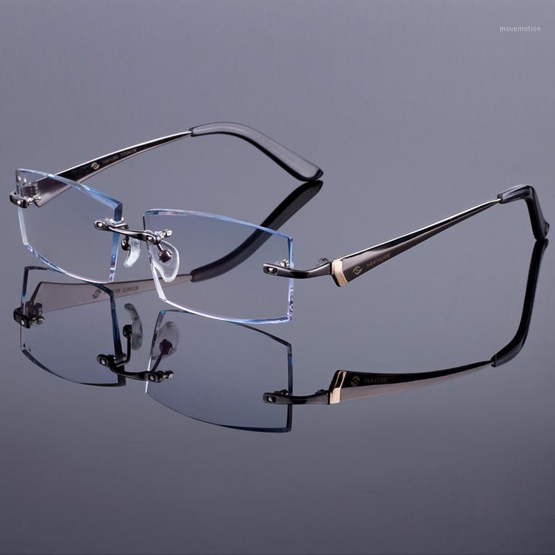 

Wholesale- Men Business Style Frame Women Titanium Alloy Optical Frame Diamond Trimming Cut Rimless Spectacles With Gradient Tint Lenses1