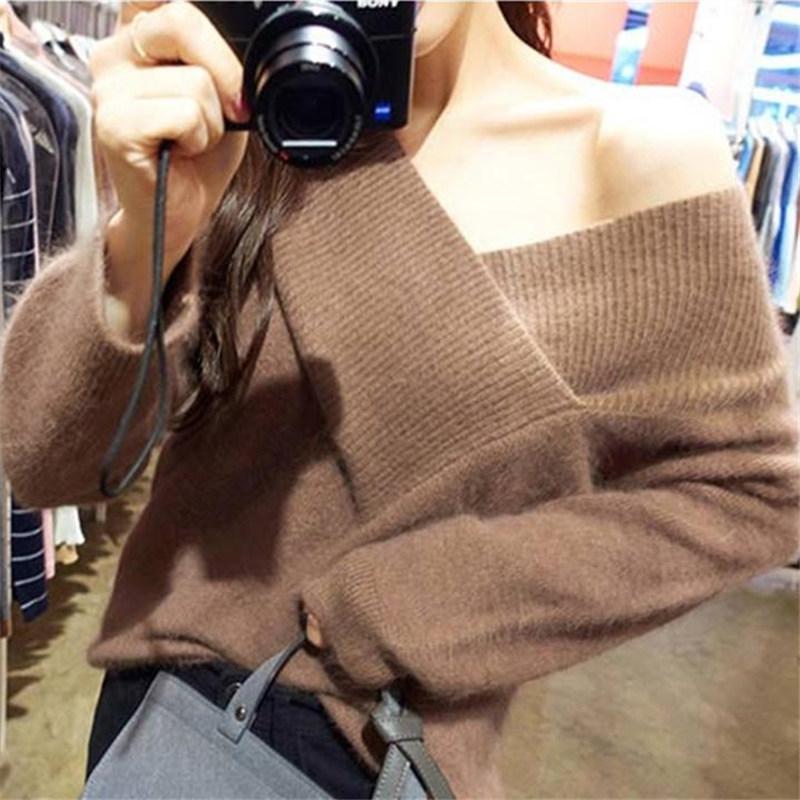 

Women's Sweaters 2022 Autumn Winter Sweater Women Korea V-neck Sexy Pullover Solid Fashion Knitting Pull Femme Knitwear 17726, White;black