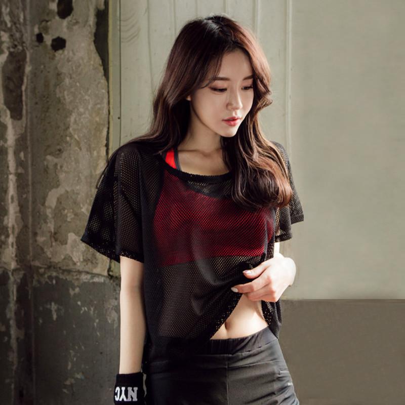

Women Sexy Mesh Yoga Shirt Quick Dry Sport Fitness Female Running Shirt Gym Clothes Tank Top Workout Exercises T-Shirt Sportwear, Black