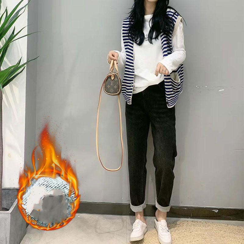 

2020 winter warm plus velvet thickened plus size straight washed jeans women casual high waist jeans straight leg pants trousers, Black