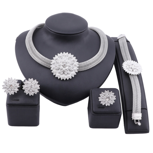 

African Jewelry Flower Crystal Necklace Earrings Dubai Gold Jewelry Sets for Women Wedding Bridal Bracelet Ring Set