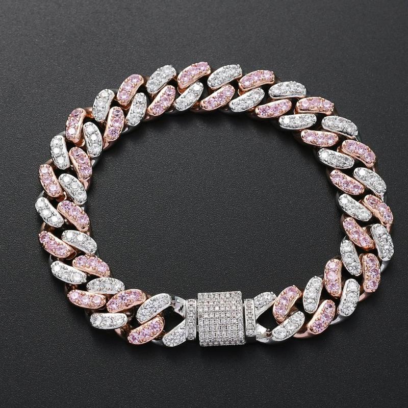 

1 Hiphop Mens Iced Out Pink Crystal Zircon Bangle Bracelet Jewelry for Man Women Pave Cuban Link Chain Bracelet Gift