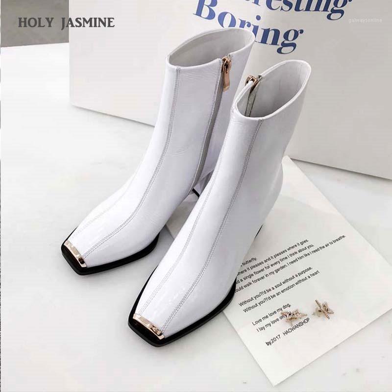 

HOLY JASMINE Patent Leather Womens Boots New Spring/Autumn Square Heel Square Toe Ankle Boots Zipper Basic Ladies Shoes Rubber1, Black