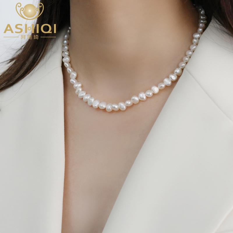 

ASHIQI Natural Freshwater Pearl Baroque Necklace 925 Sterling Silver Pearl Necklace Wedding Jewelry Women