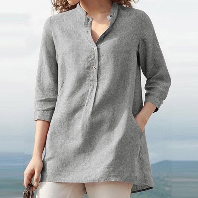 

Womens Cotton Linen Stand Collar Shirt Blouse Plus Size XL Pink Solid Pocket Womens Shirts 2021 Autumn Loose Blouses Female