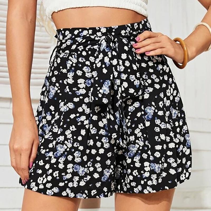 

Womens Shorts High Waist Summer Floral Drawstring Mini Short Casual Loose Black Wide Leg Hot trousers Women Clothing